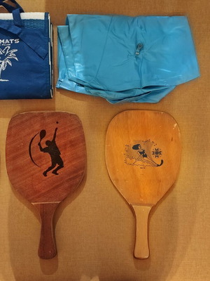 Beach items used, set of 6 including inflatable mattress and wooden rackets