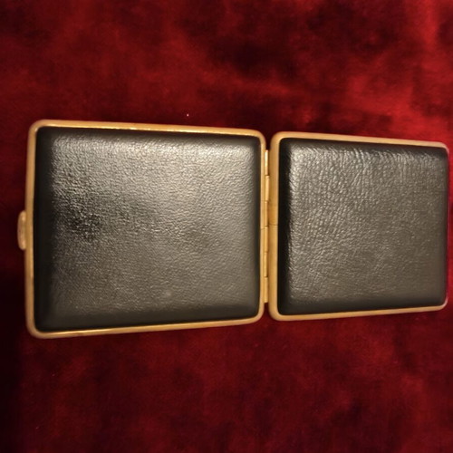 Vintage leather cigarette case used, 10x8 cm, black with gold frame