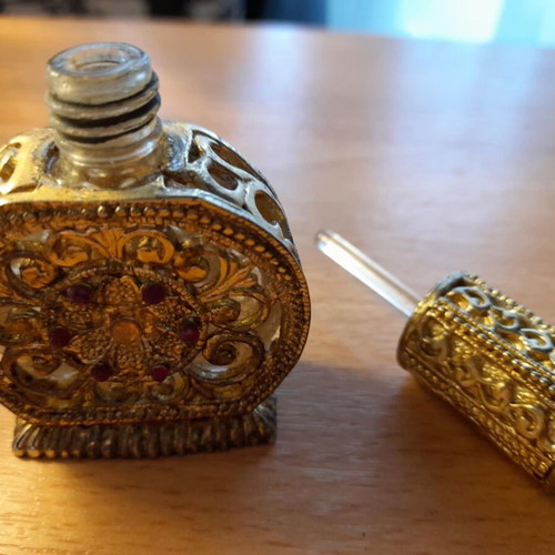 Vintage collectible perfume bottle used, handmade filigree with stones