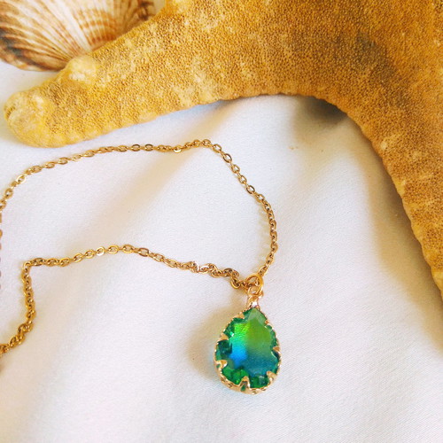 Handmade necklace with stainless steel chain and blue-green crystal drop