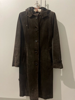 Lucille μακρύ suede δερμάτινο παλτό με κουκούλα σαν καινούργιο, καφέ/μαύρο