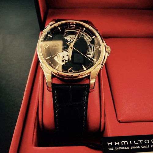 Hamilton Jazzmaster Open Heart Automatic watch new, rose gold and black leather strap