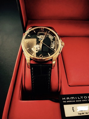 Hamilton Jazzmaster Open Heart Automatic watch new, rose gold and black leather strap