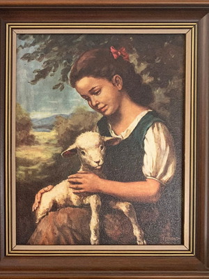 Woman and Lamb Feinrich reproduction with frame