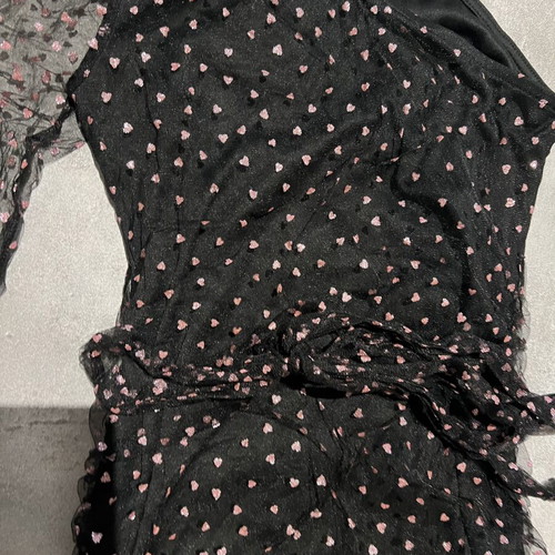 Black mini dress with pink hearts and transparent sleeve, like new