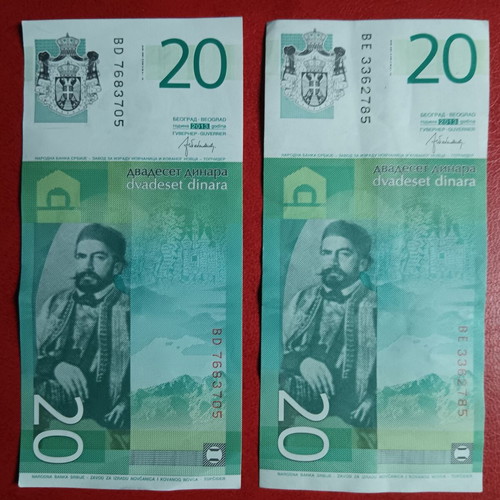 Serbian 20 dinar banknotes used, set of 2