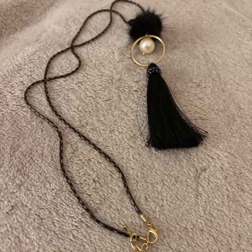 Modern Long Necklace with Black Tassel, Pearl & Pom-Pom new