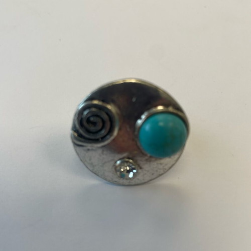 Large adjustable ring with geometric designs, rhinestones & turquoise stone like new