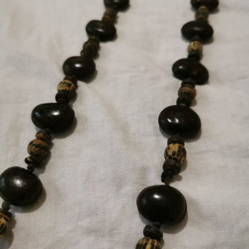 Wooden necklace with ethnic beads like new, dark brown color