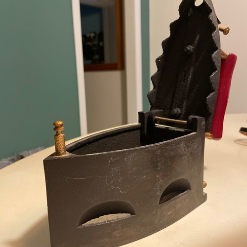 Vintage cast iron charcoal iron with wooden handle and bronze details, like new, 1950s