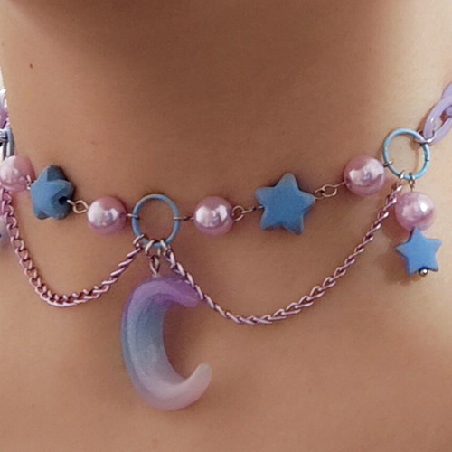 Choker Necklace Moon new handmade with star beads and lilac chain