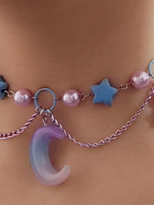 Choker Necklace Moon new handmade with star beads and lilac chain