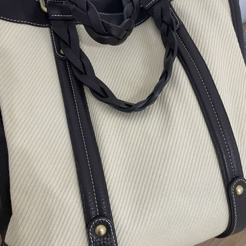 Massimo Dutti leather and cotton tote bag, dark brown and ecru