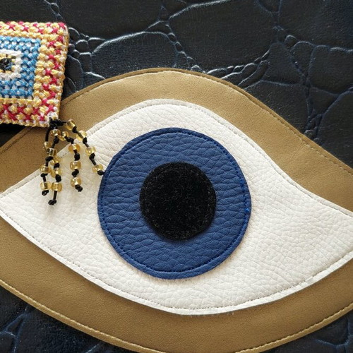 Handmade blue leatherette clutch bag with embroidery and zipper