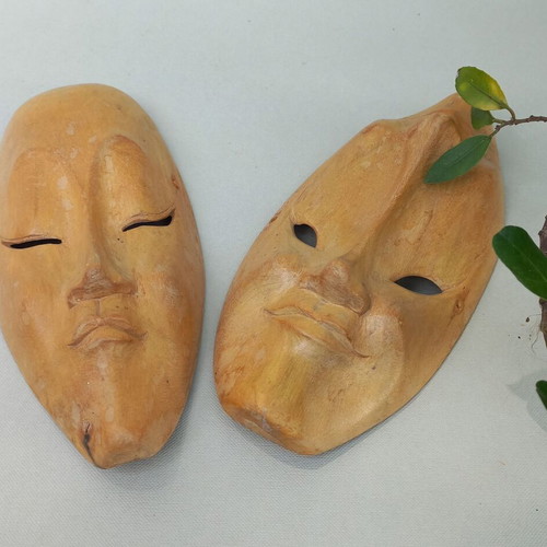 Handmade wooden Happy-Sad theatrical masks set like new