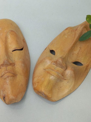 Handmade wooden Happy-Sad theatrical masks set like new
