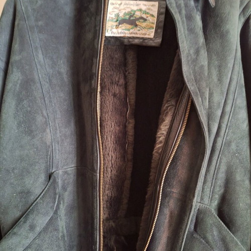 Mouton coat unisex used, dark green-gray, Swiss origin