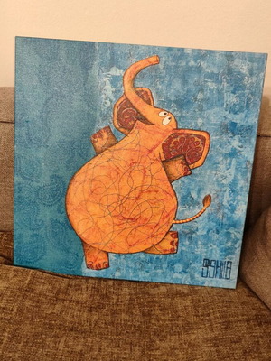 Bizart painting like new 35x35 with happy orange elephant on blue background