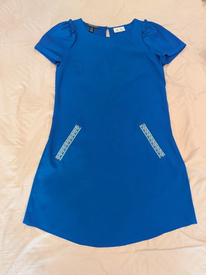 Maison Scotch Royal Blue Shift Dress like new with embroidered fake pockets