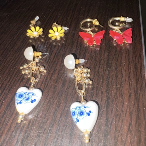 Earrings new, set of three, blue and yellow