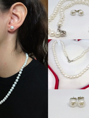 Μαργαριταρένιο κολιέ 45 cm με 66 λευκά μαργαριτάρια και σκουλαρίκια Swarovski