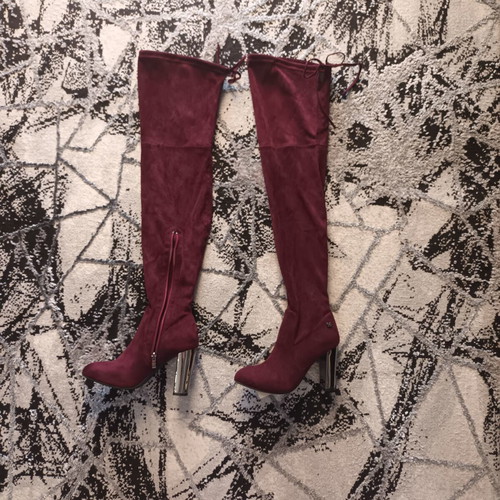 Over the knee boots burgundy size 38 like new with metallic heel