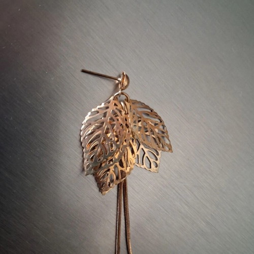 Earrings like new yellow with leaf design and double asymmetric chain, 12 cm