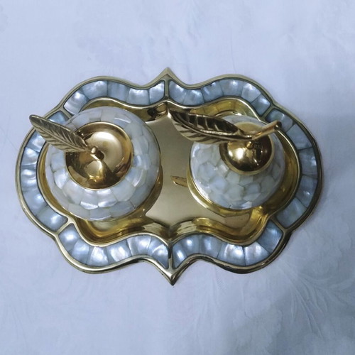 Brass and mother of pearl inlaid tray with used jewelry boxes from India 60s