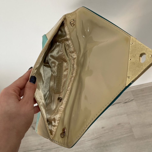 Patent Leather Colorblock Envelope Clutch Bag, teal light blue nude