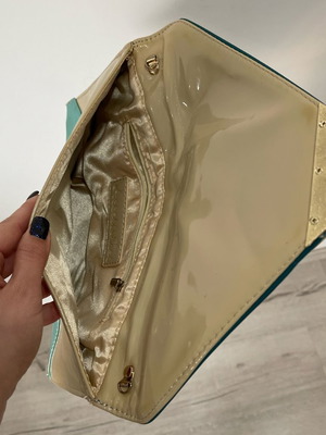 Patent Leather Colorblock Envelope Clutch Bag, teal light blue nude