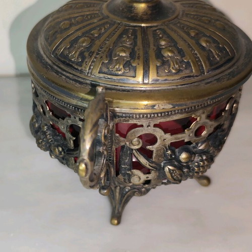 WMF Art Nouveau antique fondue sugar bowl used with red glass lining