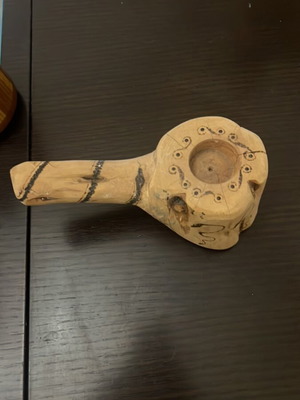 Handmade wooden candle holder pipe-shaped like new with folk decoration