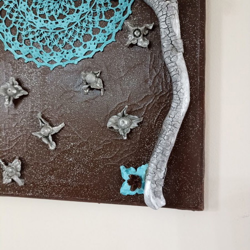 Handmade canvas frame with turquoise crochet and silver lotus stems, new