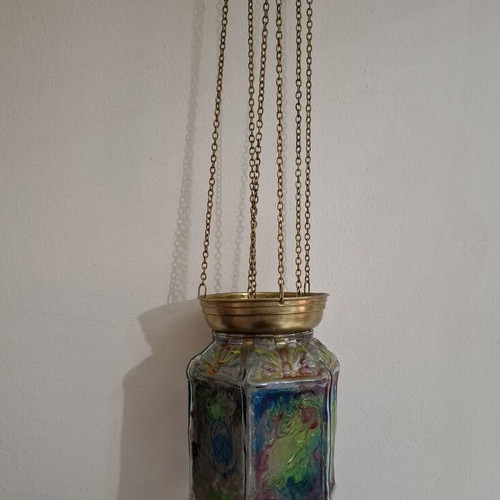 Hexagonal Hanging Lamp Fusing Glass stained glass style, like new, 60 cm