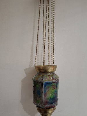 Hexagonal Hanging Lamp Fusing Glass stained glass style, like new, 60 cm