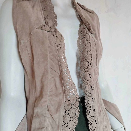 Vintage French long women's leather vest with lace and belt used