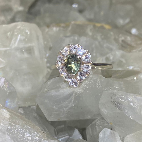 Silver Ring with Natural Green Tourmaline and Moissanite, new