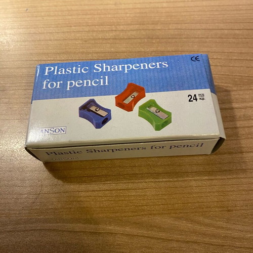 Box of 24 plastic sharpeners green, red, blue new