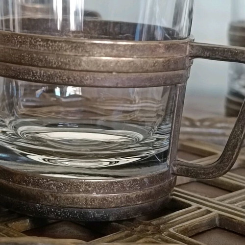 Bronze tray with 6 tea glasses like new