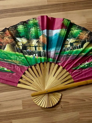 Handmade decorative fan like new, fabric and wood