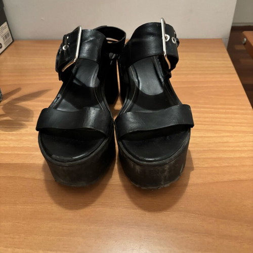 Bershka black leather platform sandals used with silver buckles size 40