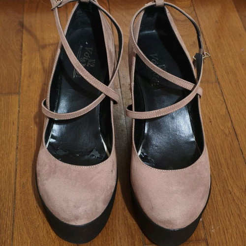Suede pink platform shoes used with crisscross strap, size 40