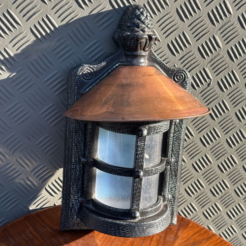 Old metal outdoor lantern used, functional