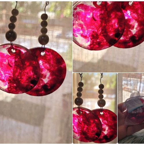 Red hanging earrings with liquid glass and acrylic