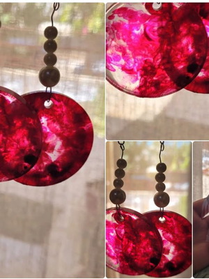 Red hanging earrings with liquid glass and acrylic