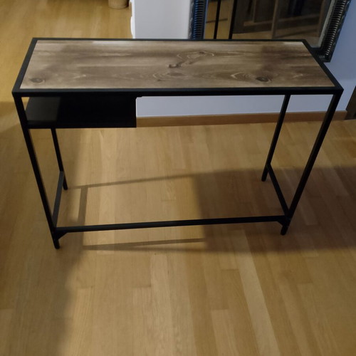 Mini console table like new, metal frame with wood effect glass top