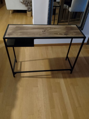 Mini console table like new, metal frame with wood effect glass top