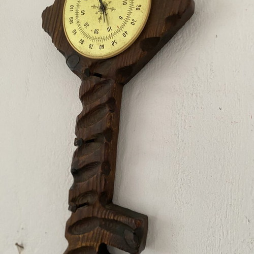 Vintage wooden key holder with analog thermometer used