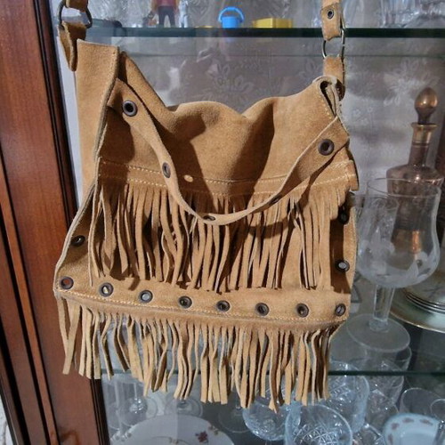 Shoulder bag used, genuine suede with brown fringes