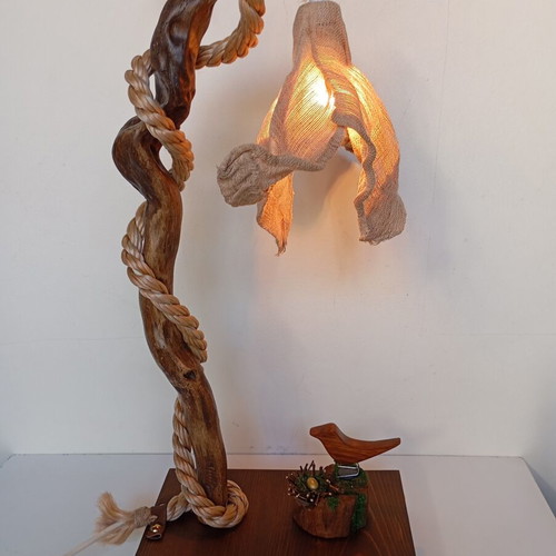 Handmade table lamp with natural driftwood and burlap